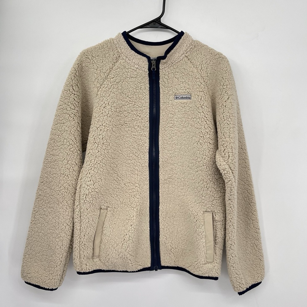 Columbia XL Sherpa Fleece Jacket Kids Cream Navy Full Zip High Pile Raglan